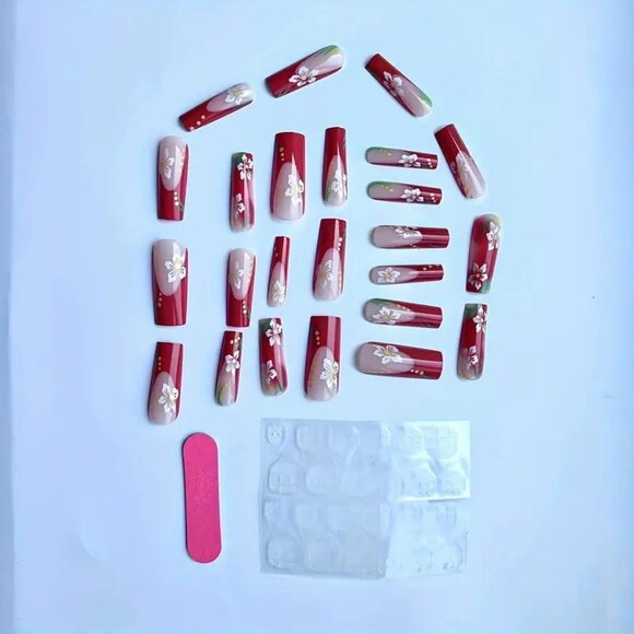 24pcs Long Ballerina Square Shape Press On Nails, Fake Nail With Flower Design - Picture 2 of 5